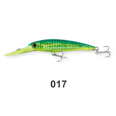 Saltwater minnow trolling wobbler lure, chartreuse green body with red eye and treble hooks