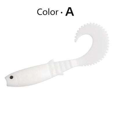 Soft shad silicone fishing lure, white body with small eye, curved paddle tail