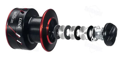 Black spinning fishing reel with red-accent spool and handle, front view