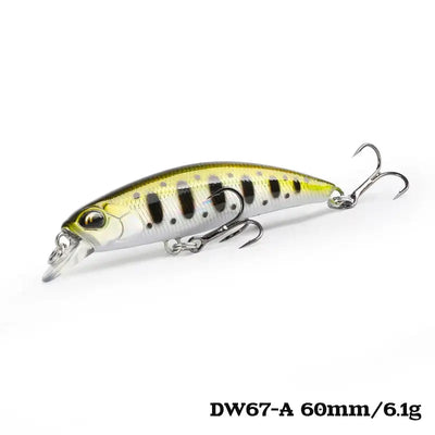 Mini sinking minnow crankbait, DW67-A, yellow-white with black spots, 60mm/6.1g, 2 treble hooks