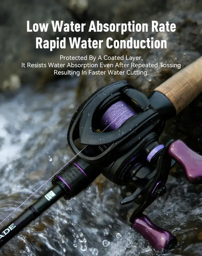 Fishing reel with purple braided PE line on dark spool, by water