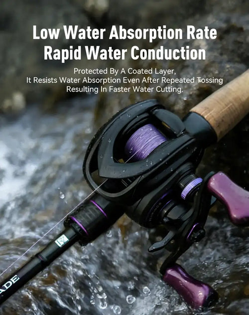 Fishing reel with purple braided PE line on dark spool, by water