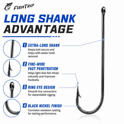 FishTrip long shank barbed hooks with ring eye, shown as two metal hook shapes