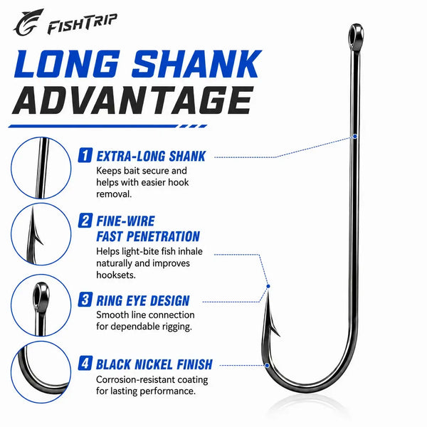 FishTrip long shank barbed hooks with ring eye, shown as two metal hook shapes