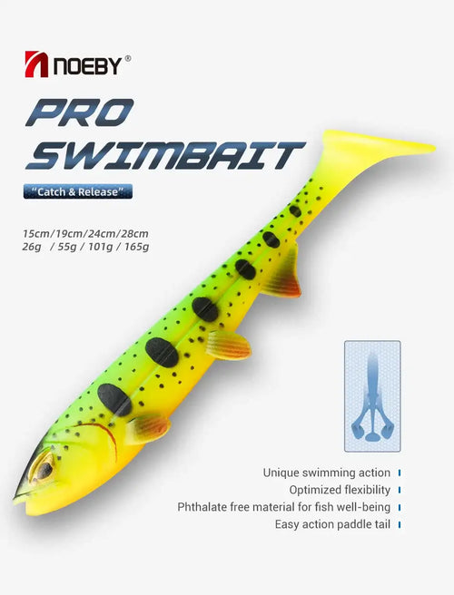 Chartreuse Pro soft paddle-tail swimbait lure with black dots and orange side fins