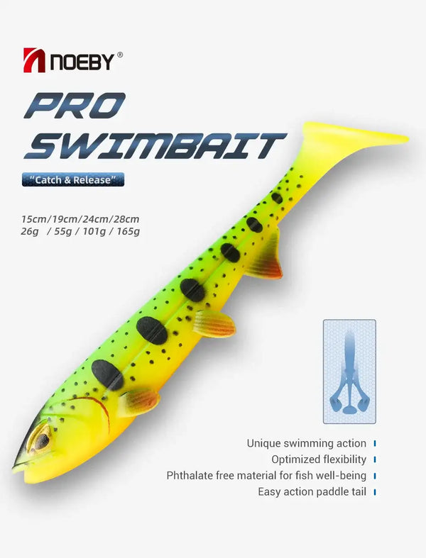 Chartreuse Pro soft paddle-tail swimbait lure with black dots and orange side fins