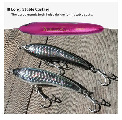 Floating stickbait lure set with two metalized finishes and stacked treble hooks