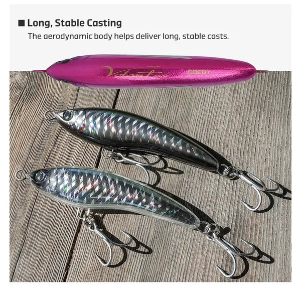 Floating stickbait lure set with two metalized finishes and stacked treble hooks
