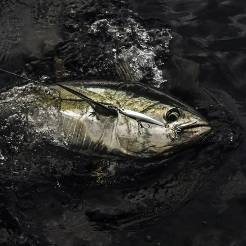 A metallic silver Hydro Monster Shot 95S lipless minnow lure with sharp hooks caught in a tuna mouth