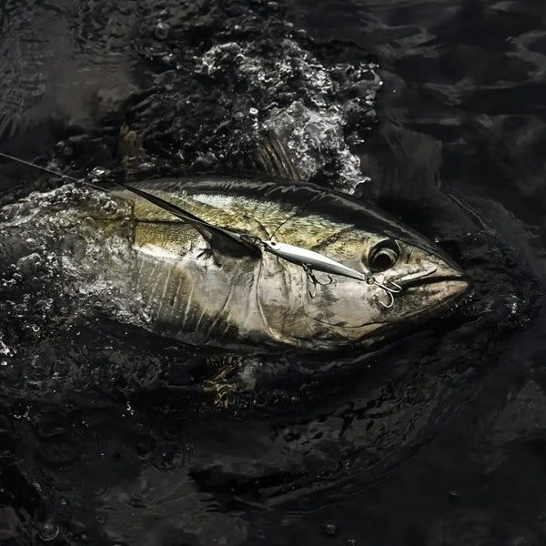Silver-and-olive lipless minnow sinking lure with large black eye and treble hooks