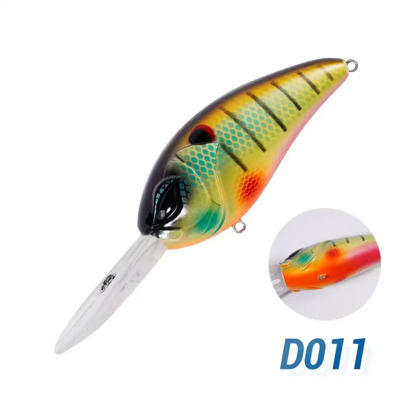 Orange-green floating minnow crankbait with treble hooks and D011 label
