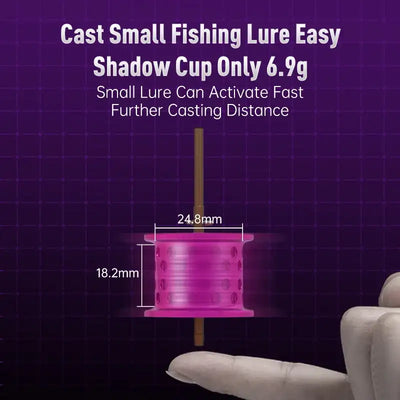 Purple baitcasting reel spool on a compact micro reel casting platform