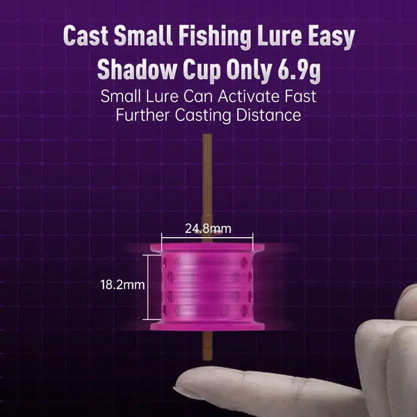 Purple baitcasting reel spool on a compact micro reel casting platform