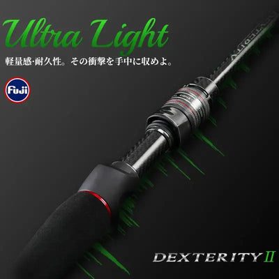Dexterity II ultralight spinning fishing rod with dark blank, green wraps, and black handle