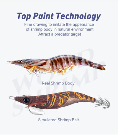 Orange and black striped squid jig lure with simulated shrimp body and silver hooks