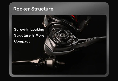 Spinning fishing reel detail showing rocker structure and screw-in locking mechanism