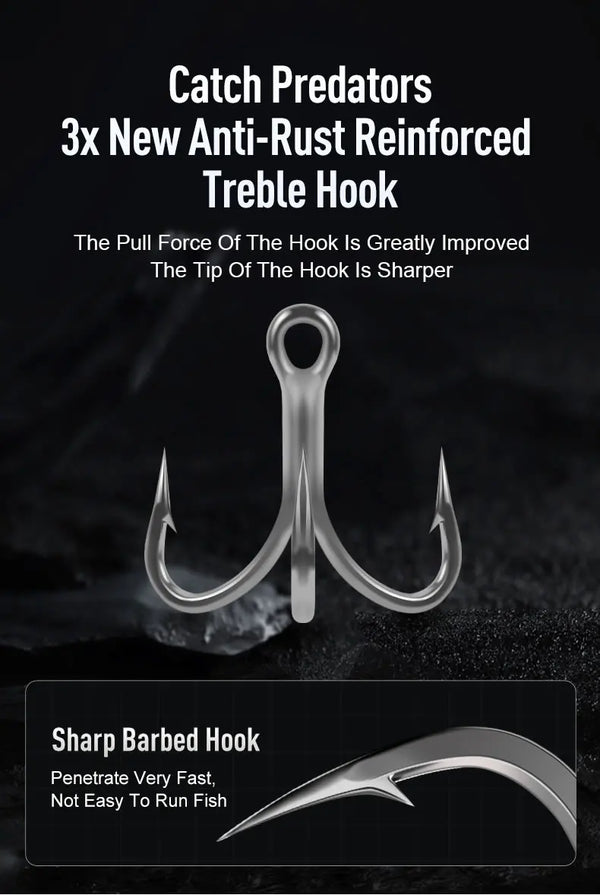 Three treble hook set with sharp barbed points for minnow hard bait lure