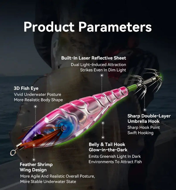 Pink luminous EGI squid jig with 3D eye and umbrella-style double-layer hook