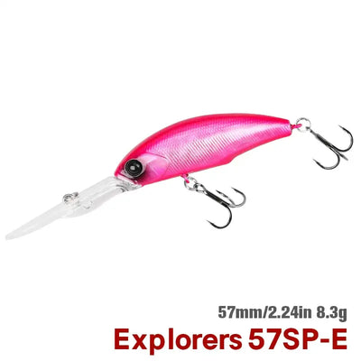 Hard body suspending minnow lure in bright pink with treble hooks