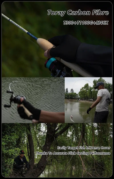 Fishing rod with cork reel seat and blue-tinted grip accents in outdoor scene