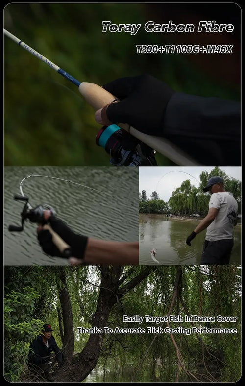 Fishing rod with cork reel seat and blue-tinted grip accents in outdoor scene