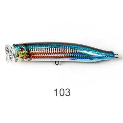 Colorful blue-green topwater wobbler fishing lure with red throat and silver hook