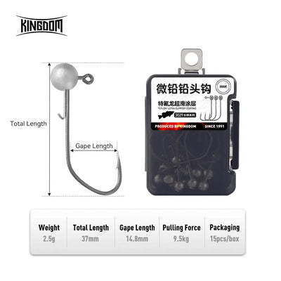 2.5g jig head hook set diagram with lead head and hook length dimensions, 15pcs packaging