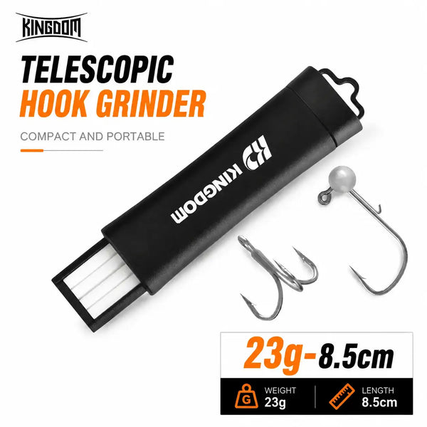 Portable telescopic hook sharpener with black case and sharpening slot, plus spare fish hooks