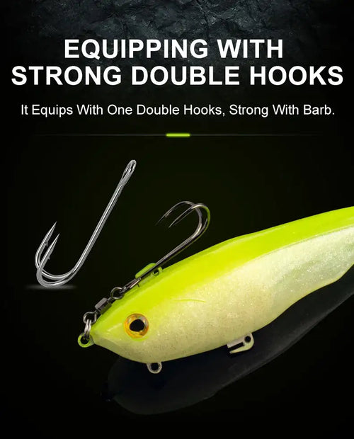 Lime yellow soft fishing lure with 3D eye and double hook