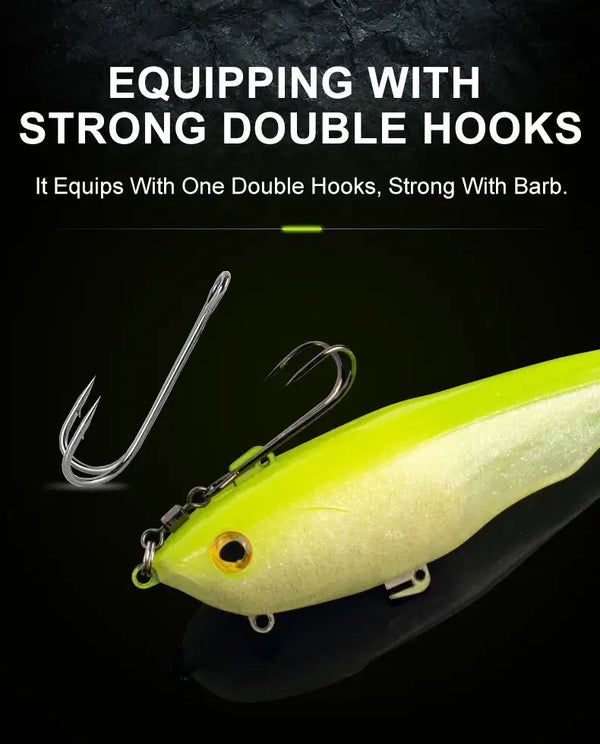 Lime yellow soft fishing lure with 3D eye and double hook