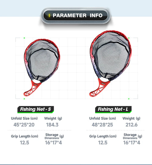 Fishing nets in sizes S and L shown side by side with red frame and black mesh