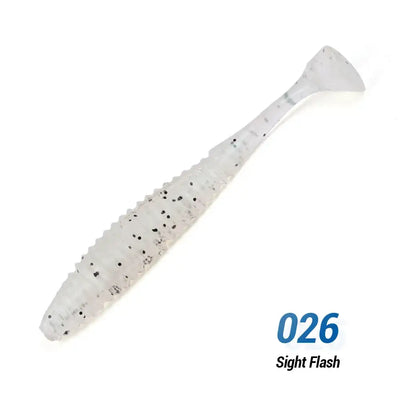 White soft silicone swimbait lure with speckled dots, ribbed body and split tail.