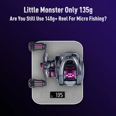Micro baitcasting fishing reel, silver frame with purple spool and side handle bars