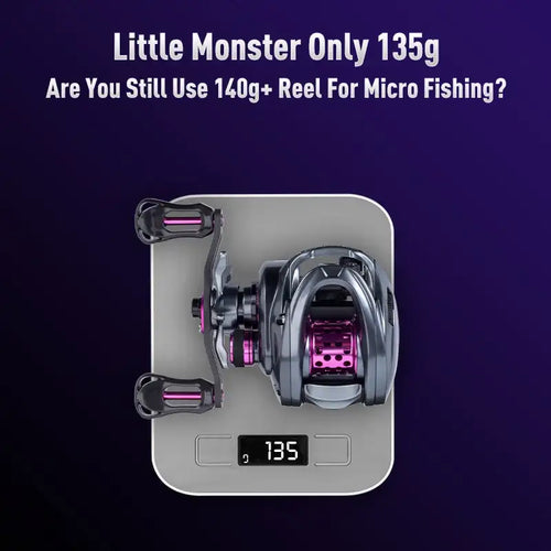 Micro baitcasting fishing reel, silver frame with purple spool and side handle bars