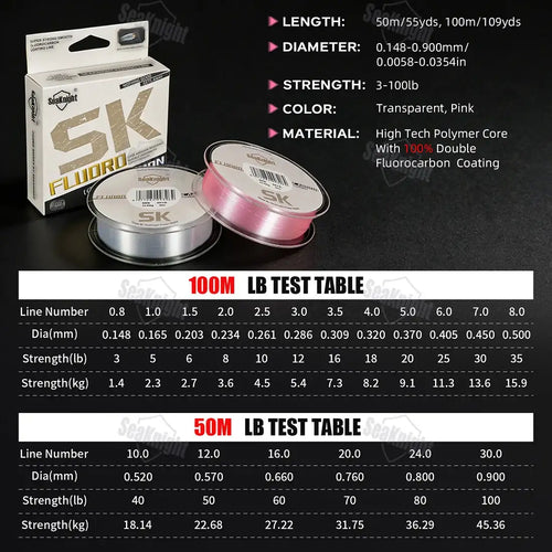SeaKnight Brand SK Series fishing line 100M/50M 100% Fluorocarbon Coating Fishing Line Fast Sinking Line Stronger 3-100LB -  - Cast N Go