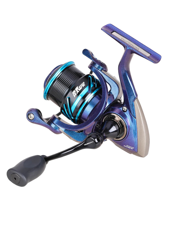 Spinning fishing reel with blue-purple body and silver spool, right-hand handle grip