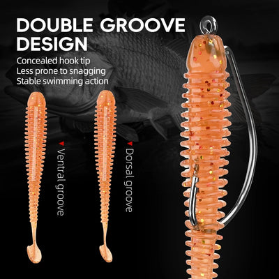 Orange soft swimbait with paddle tail and concealed hook loop, double-groove style