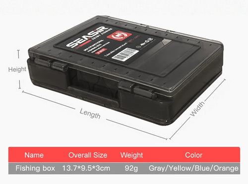 Black double-sided tackle box with clear lid and molded snap latches