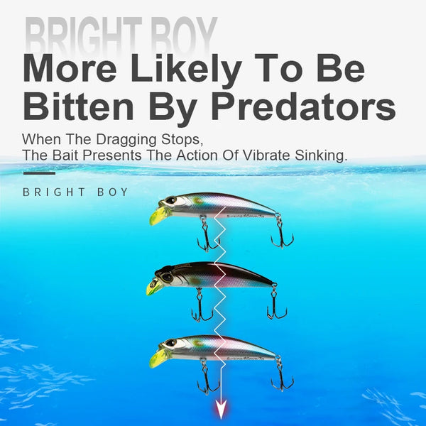 Set of three sinking minnow lures, multicolor bodies with treble hooks each