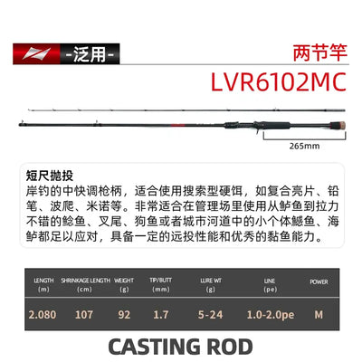 Carbon fiber casting fishing rod, black handle with reel seat and line guides