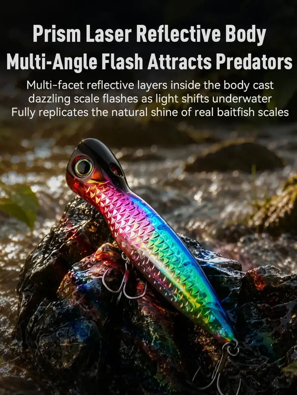 Prism reflective rainbow topwater popper fishing lure with treble hooks