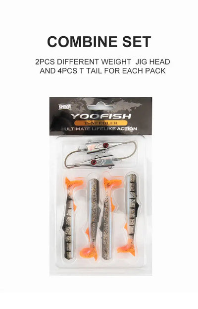 Blister-pack combo set of paddle-tail soft fishing jigs with jig heads and tails