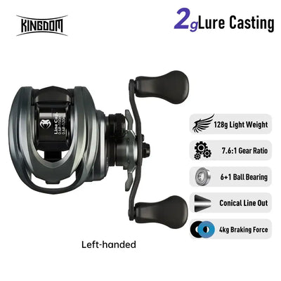 Left-handed baitcasting reel labeled 2gLure casting, 128g light-weight