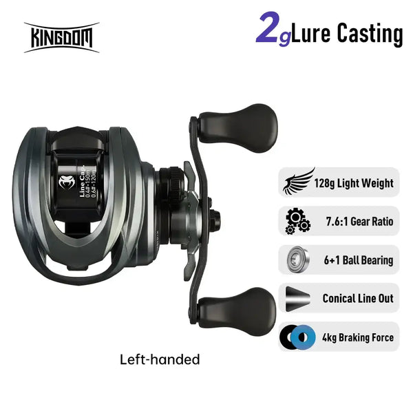 Left-handed baitcasting reel labeled 2gLure casting, 128g light-weight