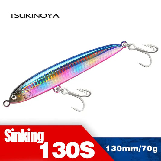 Blue and pink sinking pencil fishing lure with two treble hooks and metal split ring