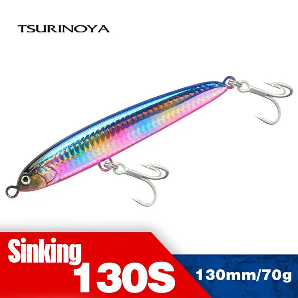 Blue and pink sinking pencil fishing lure with two treble hooks and metal split ring