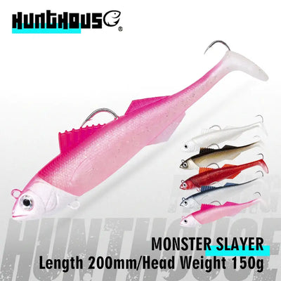Pink soft swimbait lure with jig head and split-tail body, with other colors shown