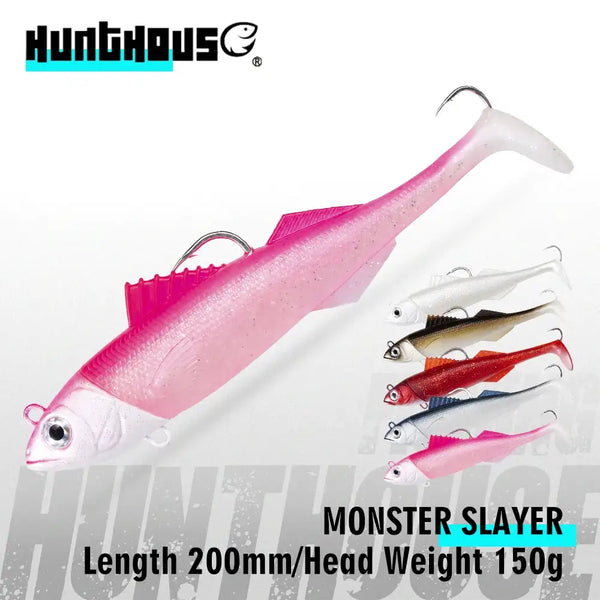 Pink soft swimbait lure with jig head and split-tail body, with other colors shown