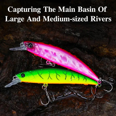 Sinking minnow hard bait set: pink and neon green lures with treble hooks