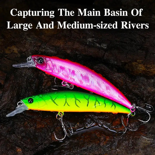Sinking minnow hard bait set: pink and neon green lures with treble hooks